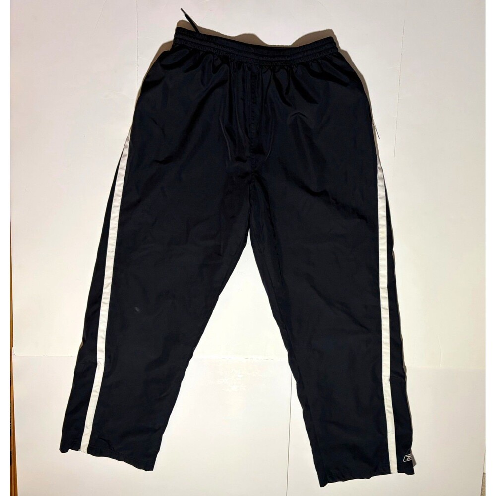 Reebok Men's Black Track Pants White Side Stripe Lined Drawstring XL